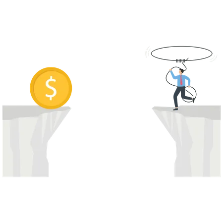 Businessman uses rope to pick up money across the cliff  Illustration