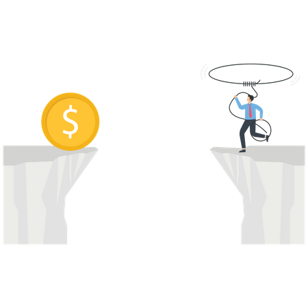 Businessman uses rope to pick up money across the cliff  Illustration