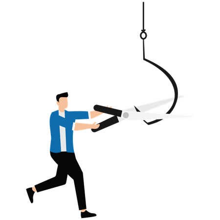 Businessman uses scissors cut off fishing hooks  Illustration