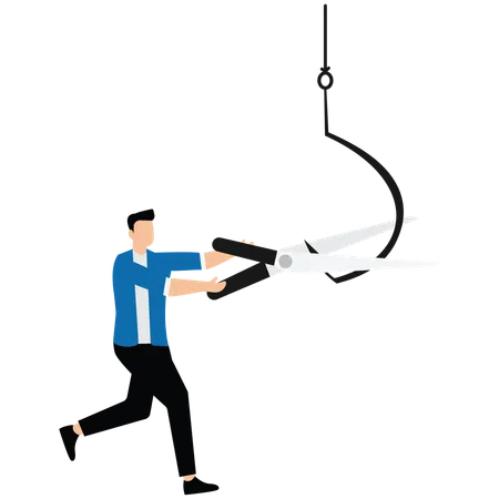 Businessman uses scissors cut off fishing hooks  Illustration