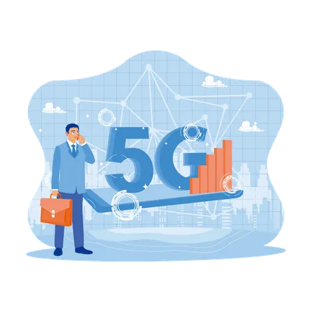 Businessman Using 5G Network With Mobile Phone  Illustration