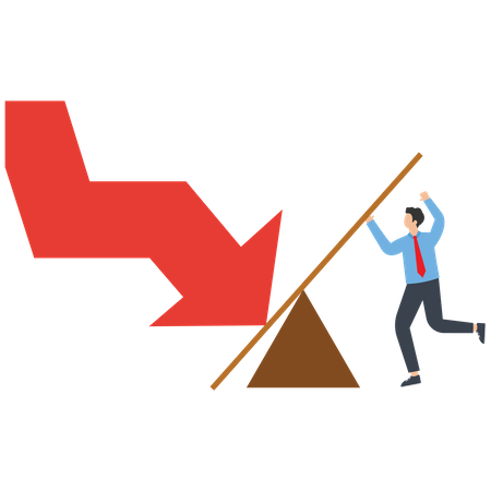 Businessman using a lever to try to change the direction of a falling arrow  Illustration