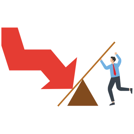 Businessman using a lever to try to change the direction of a falling arrow  Illustration