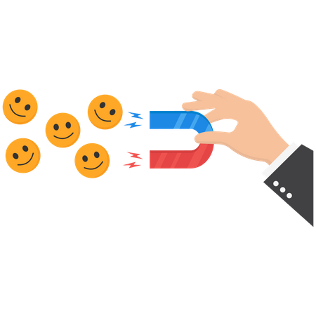 Businessman using a magnet to collect funny and positive emoticons  Illustration
