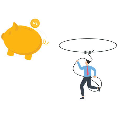 Businessman using a rope to catch a piggy bank  Illustration