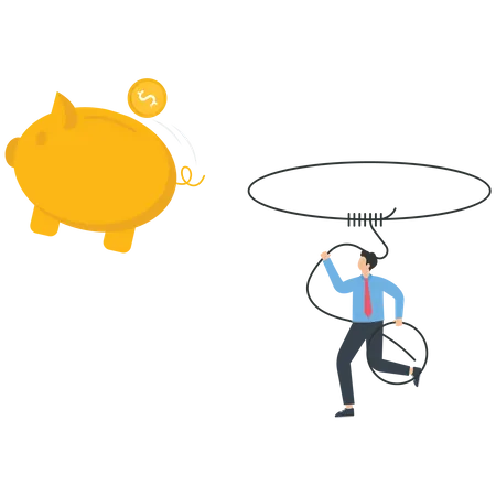 Businessman using a rope to catch a piggy bank  イラスト