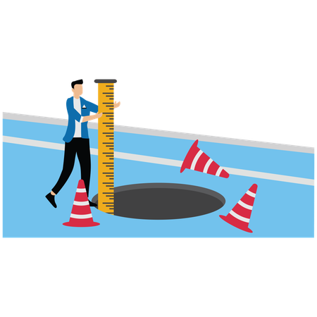 Businessman using a ruler measures the depth of a hole on the road  Illustration