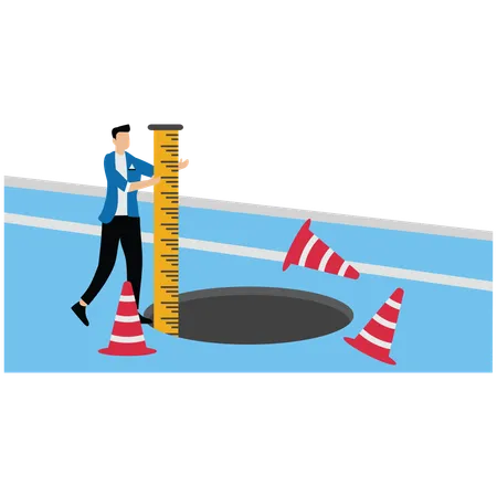 Businessman using a ruler measures the depth of a hole on the road  Illustration