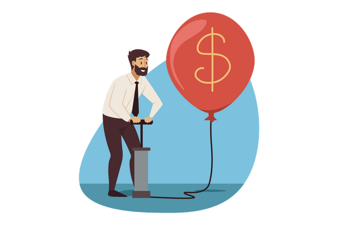 Businessman using air pump filling air in dollar ballon  Illustration