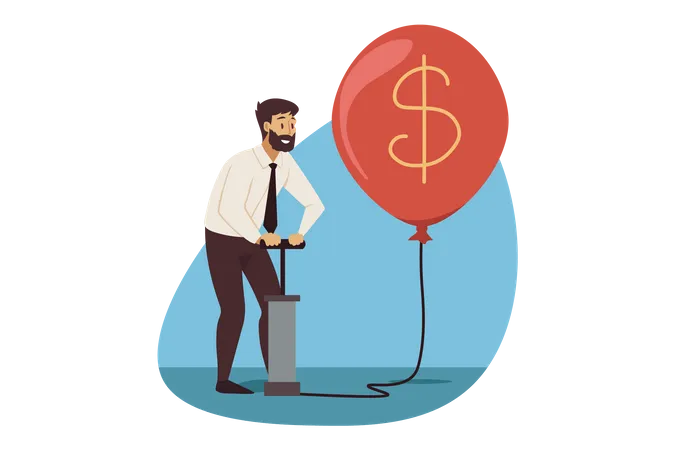 Businessman using air pump filling air in dollar ballon  Illustration