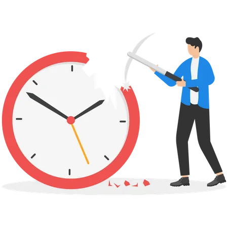 Businessman using axe to break clock to manage time for projects deadline.  Illustration