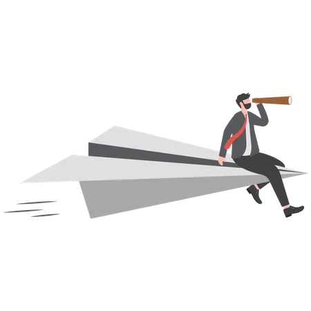 Businessman using binoculars on paper plane  Illustration