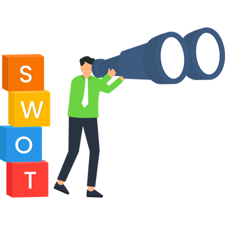 쌍안경을 활용한 사업가 SWOT 분석 전략 기획  일러스트레이션