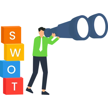 쌍안경을 활용한 사업가 SWOT 분석 전략 기획  일러스트레이션