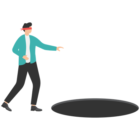 Businessman using blindfold walks into hole  Illustration