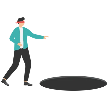 Businessman using blindfold walks into hole Illustration