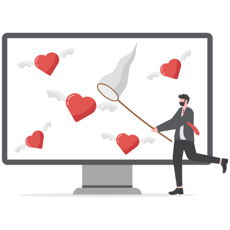 Businessman using butterfly net to catch flying passionate lovely heart.  イラスト