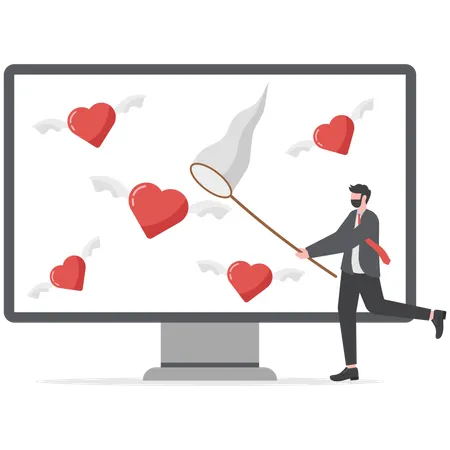 Businessman using butterfly net to catch flying passionate lovely heart.  イラスト