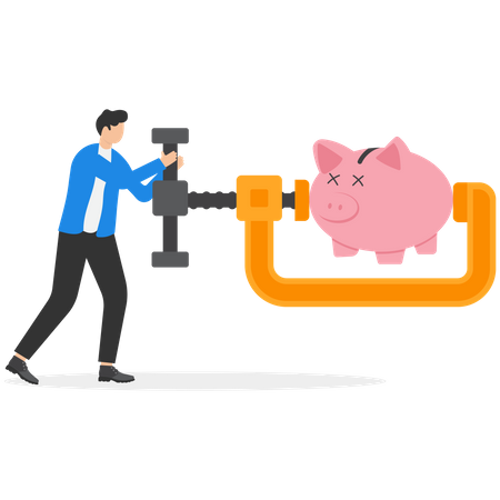 Businessman Using Clamp To Squeeze Saving Pink Piggy Bank  Illustration