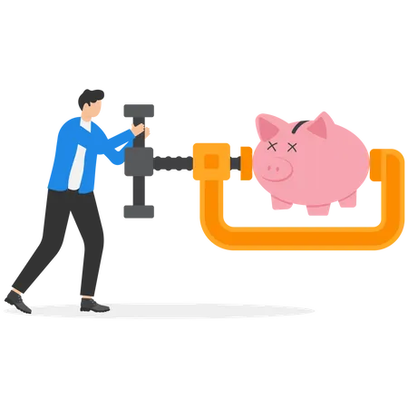 Businessman Using Clamp To Squeeze Saving Pink Piggy Bank  Illustration