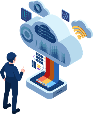 Businessman Using Cloud-Based Software for Data Management and Analysis  Illustration