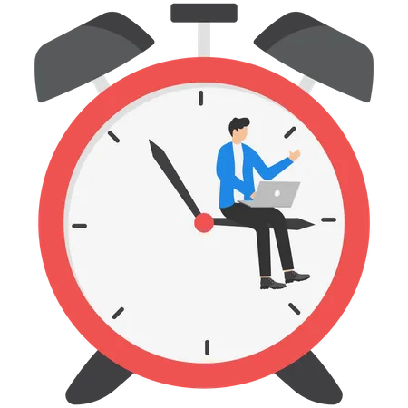 After Hours Worker Working Late Overtime Or A Career That Work In Different Time Concept Confident Businessman Using Computer Laptop Sitting On Clock Working At Night With Colleague In Other Country Illustration