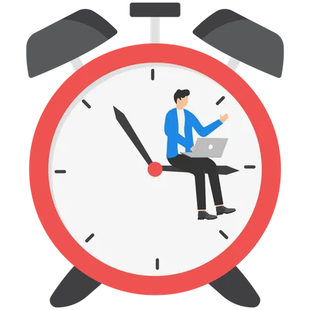 Businessman using computer laptop sitting on clock working at night  Illustration