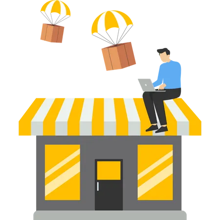 Dropshipping Business Model With Opening E Commerce Website Shop And Supplier Deliver Product Directly To Customer Businessman Using Computer With Flying Parachute Drop Ship Package Delivery Illustration