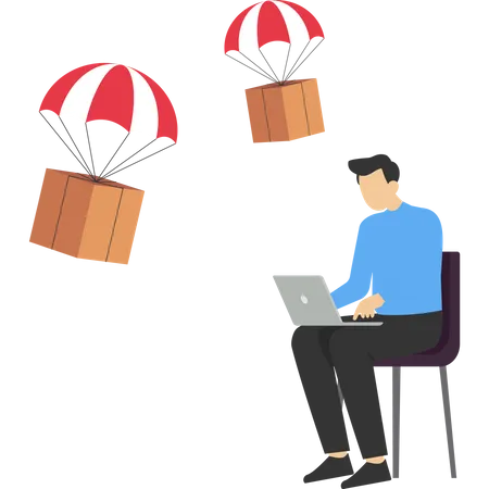 Businessman using computer with flying parachute drop ship package delivery  Illustration