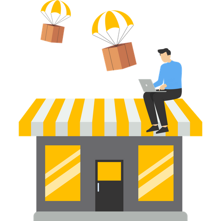 Businessman using computer with flying parachute drop ship package delivery  Illustration