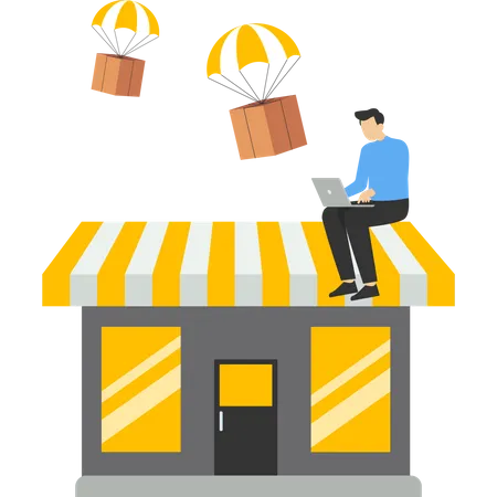 Businessman using computer with flying parachute drop ship package delivery  Illustration