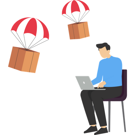 Businessman using computer with flying parachute drop ship package delivery  Illustration