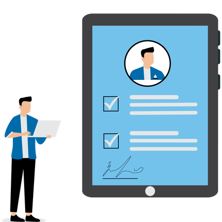 Businessman using digital tablet to review customer feedback  Illustration