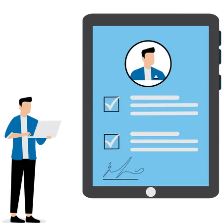 Businessman using digital tablet to review customer feedback  Illustration