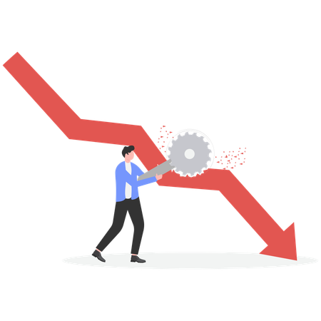 Businessman using electric saw to cut off the falling downward arrow  Illustration