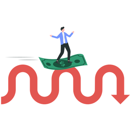 Businessman using Golden Coin as a Surfboard Surfing on Red Arrow  Illustration