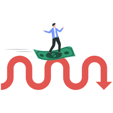 Businessman using Golden Coin as a Surfboard Surfing on Red Arrow  Illustration