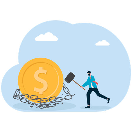 Businessman using hammer broken dollar coin  Illustration