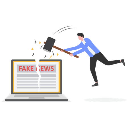 Businessman using hammer destorying fake news  Illustration
