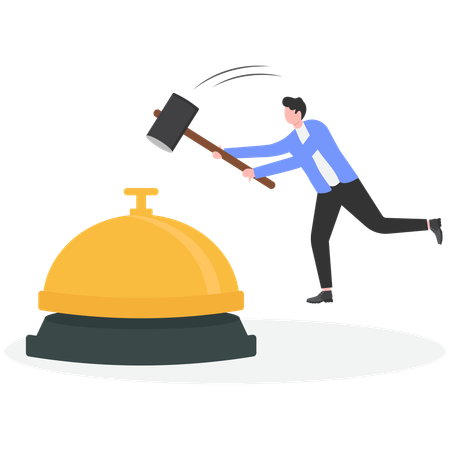 Businessman using hammer pressing concierge bell  Illustration
