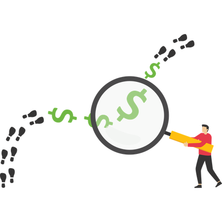 Businessman using huge magnifying glass analyze footprints track with dollar sign  Illustration