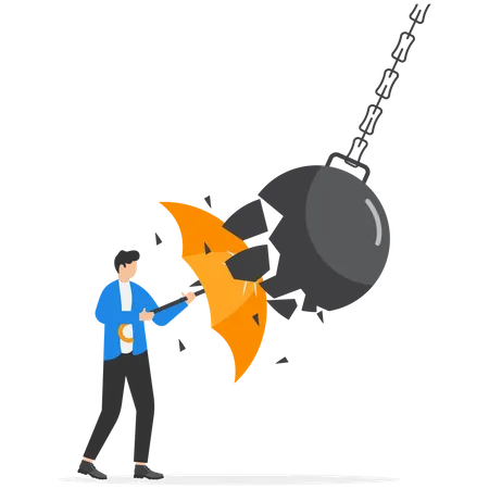 Businessman Holding An Open Red Umbrella Which Protects From A Collision With A Broken Wrecking Ball Safety Measures IT Defense Insurance And Protection Illustration