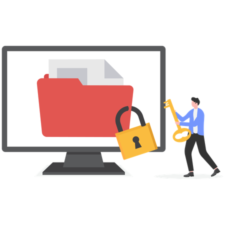 Businessman using key to unlock digital data  Illustration