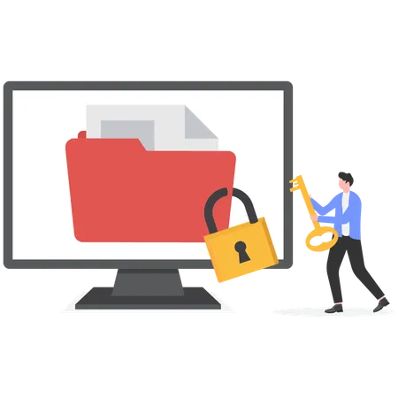 Businessman using key to unlock digital data  Illustration