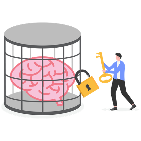 Businessman using key unlocking cake with brain inside  Illustration