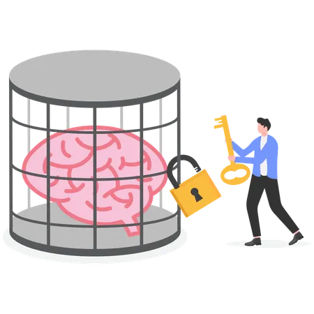 Businessman using key unlocking cake with brain inside  Illustration