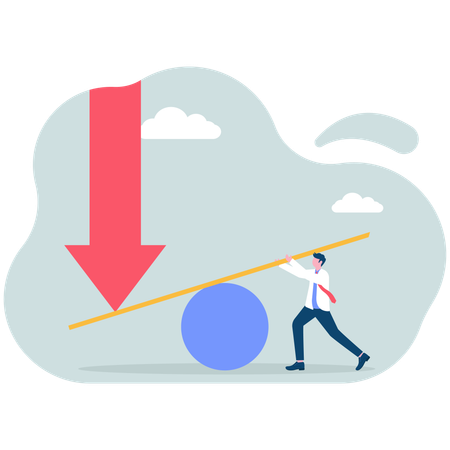 Businessman using lever to try to change direction of falling arrow  Illustration