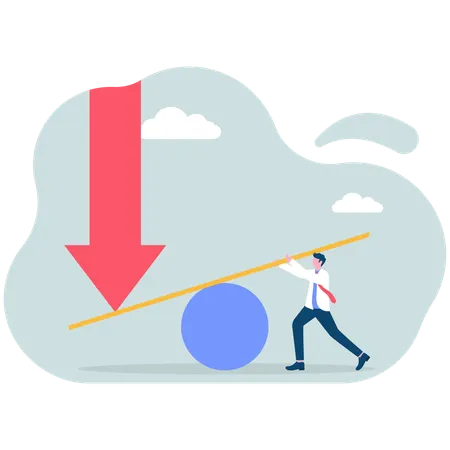 Businessman using lever to try to change direction of falling arrow  Illustration