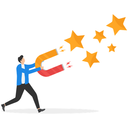 Businessman using magnet to magnetize five stars  Illustration