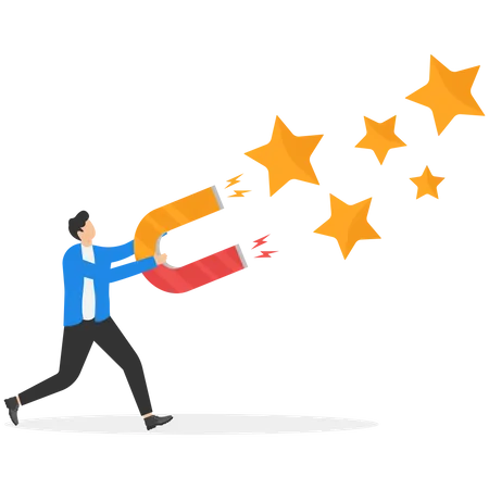 Businessman using magnet to magnetize five stars  Illustration